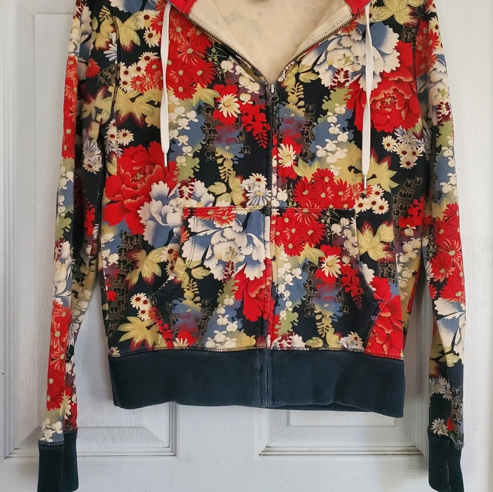Lucky Brand Y2K All over floral print boho zip up hoodie, size xs - Picture 2 of 6